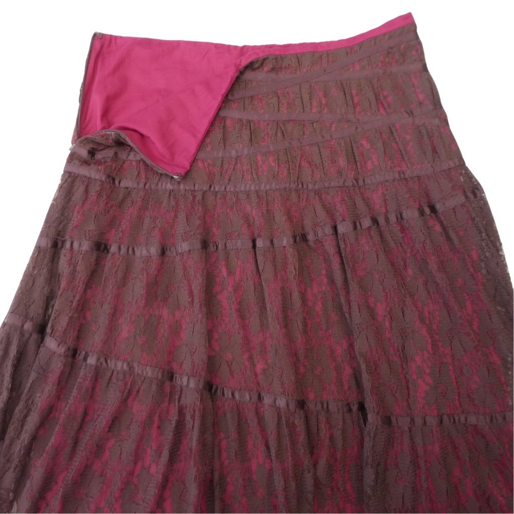 SOLD Bebe Maxi Floral Lace Overlay Skirt Burgundy Silk Ribbon Trim Raisonette - Picture 5 of 10